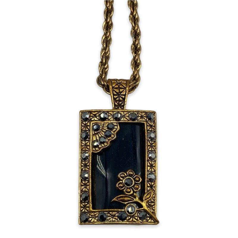 Vintage Black Glass Pendant with Faux Marcasite Stones