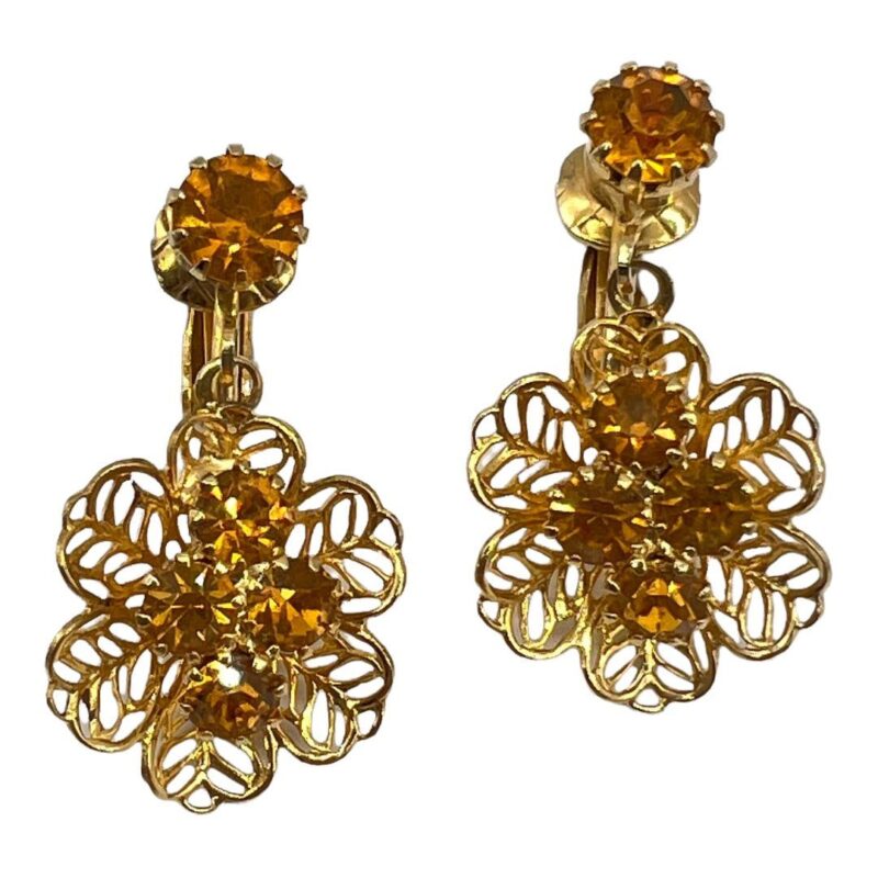 Vintage Filigree Amber-colored Rhinestone Floral Earrings
