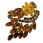 Amber Colored Rhinestone Stylized Flower Brooch