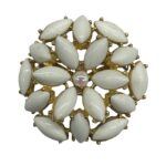 Milk Glass Brooch with Aurora Borealis Rhinestone Center