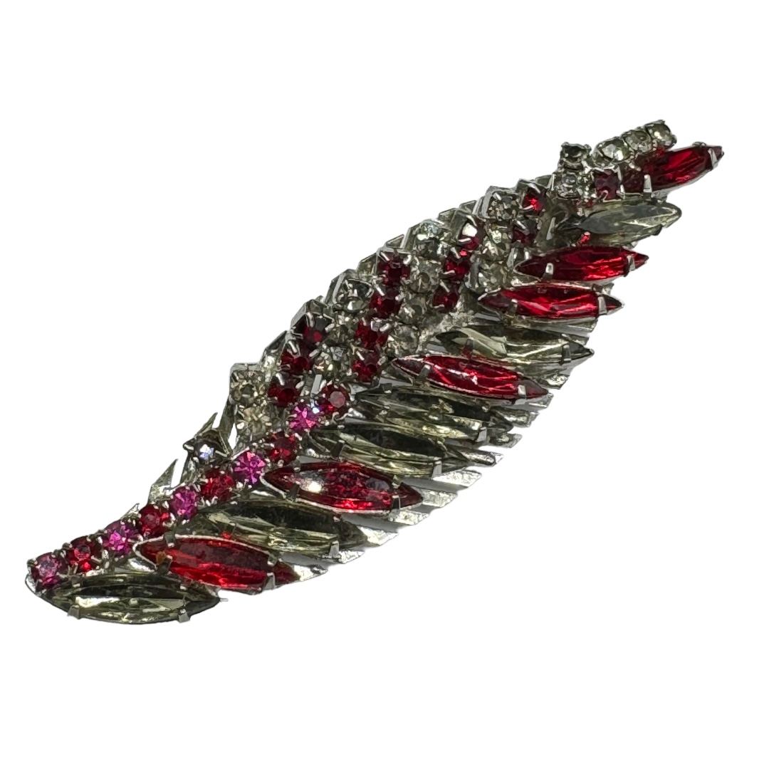 Stylized Gray and Red Rhinestone Feather Brooch