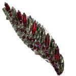 Stylized Gray and Red Rhinestone Feather Brooch