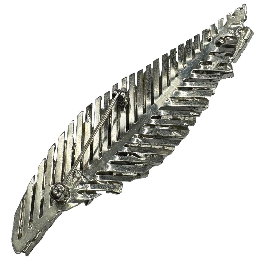 Stylized Gray and Red Rhinestone Feather Brooch