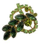 Green uranium glass rhinestone brooch