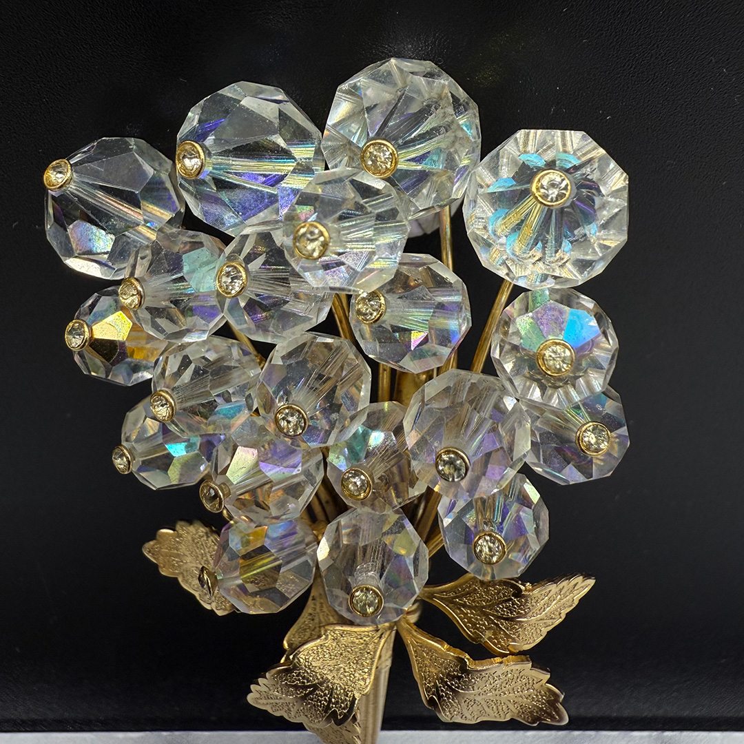 Vintage crystal floral spray up close.