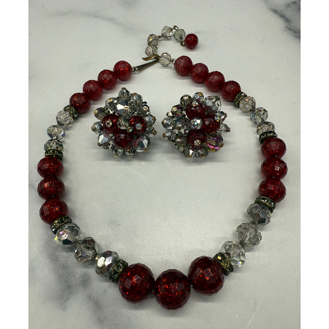 Hobe red resin necklace and earring set.
