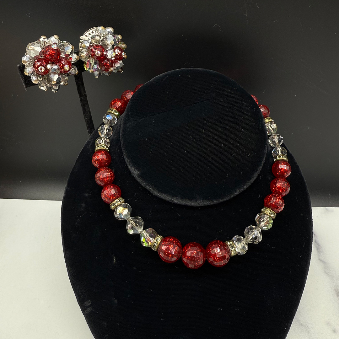 Hobe red resin necklace and earring set.