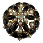Vintage black rhinestone and faux pearl brooch.
