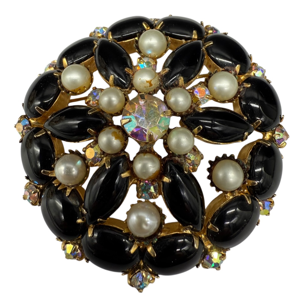 Vintage black rhinestone and faux pearl brooch.