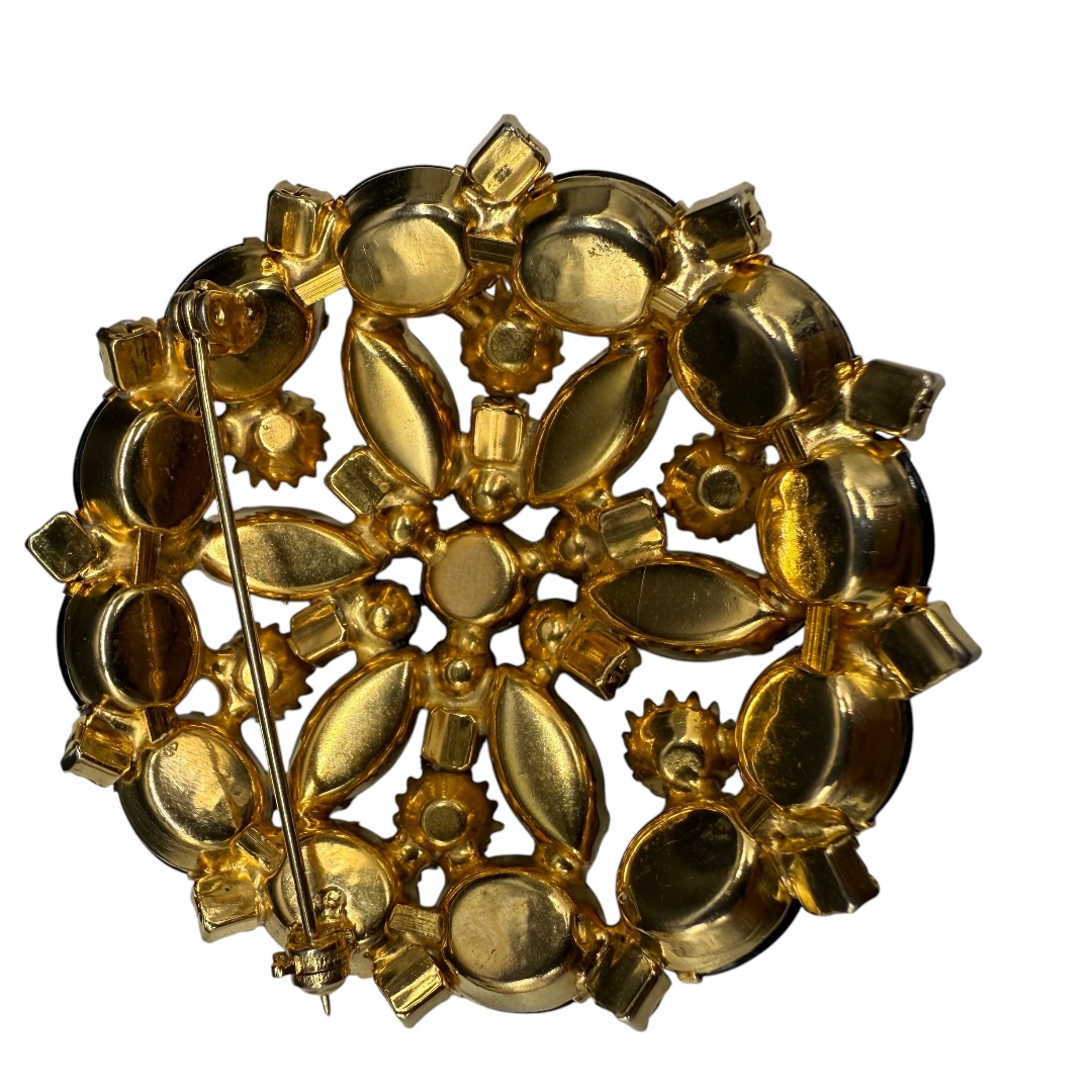 Vintage black rhinestone and faux pearl brooch.