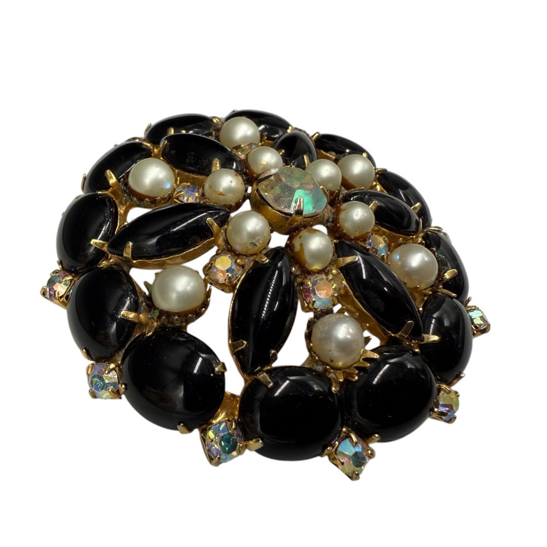 Vintage black rhinestone and faux pearl brooch.