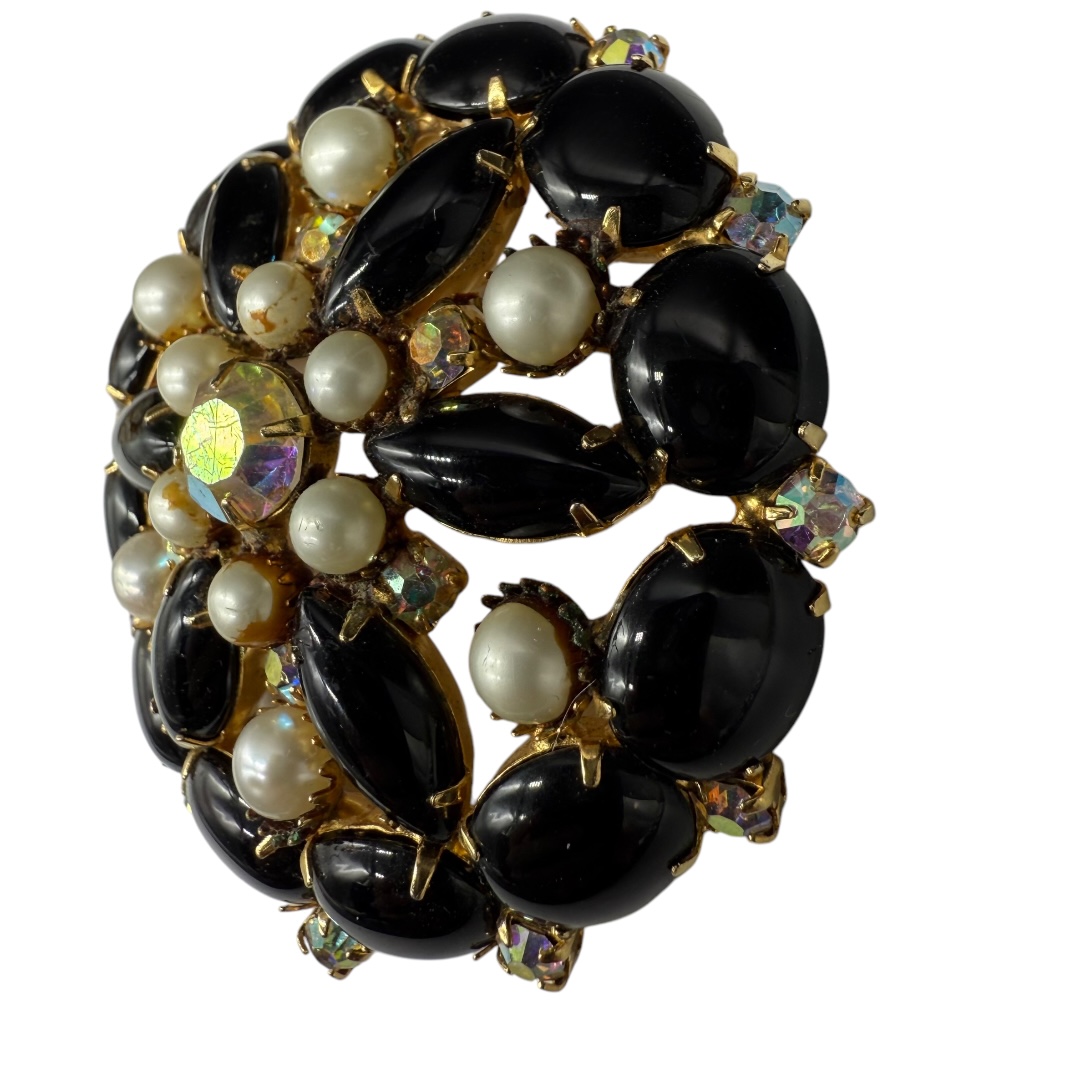 Vintage black rhinestone and faux pearl brooch.