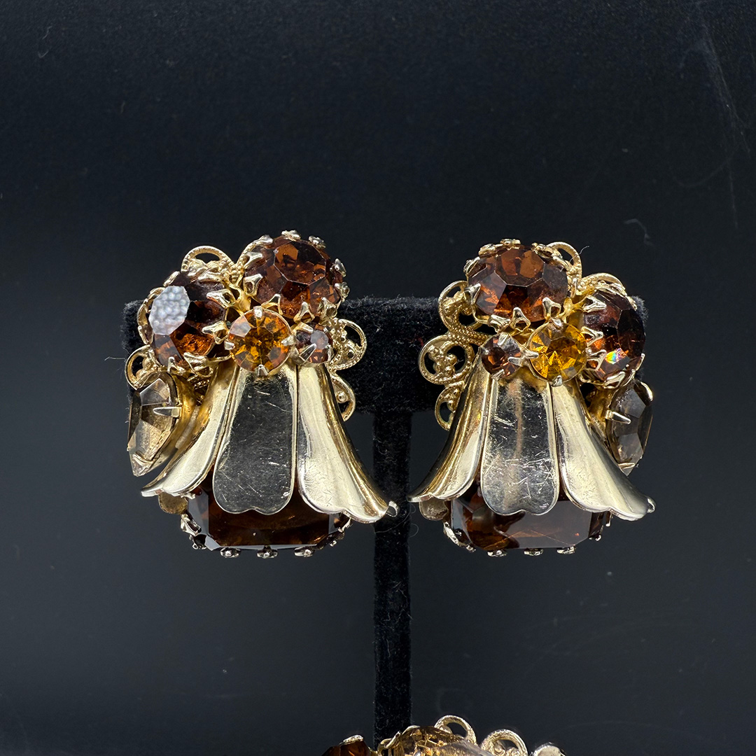 Vintage topaz-colored rhinestone earrings.