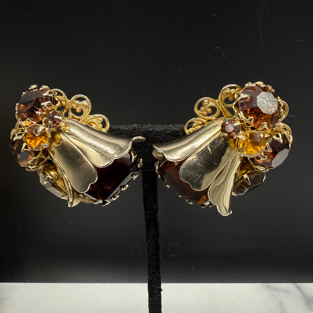 Vintage topaz-colored rhinestone earrings.