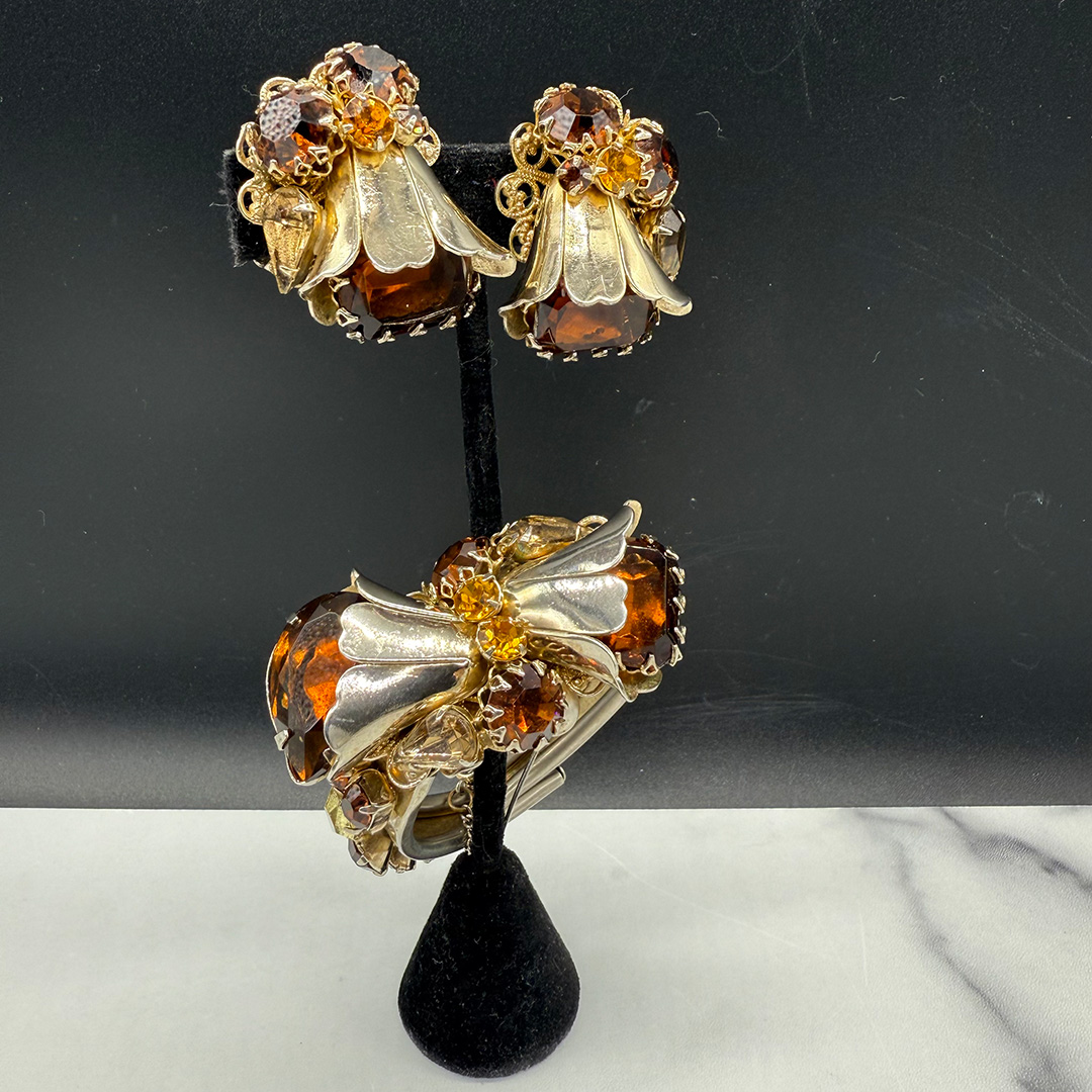 Vintage topaz-colored rhinestone clamper bracelet set.