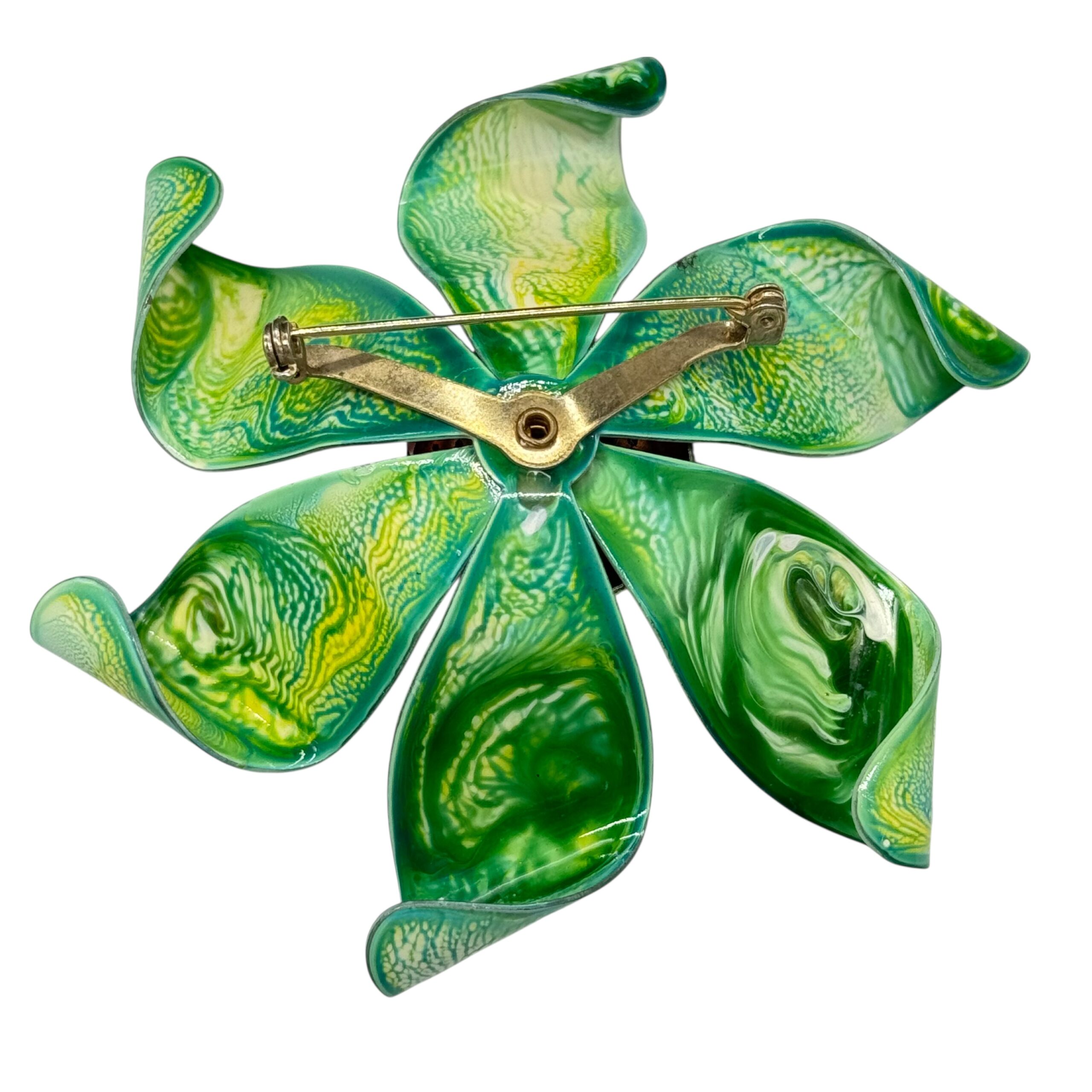Vintage Green Enamel Flower Brooch