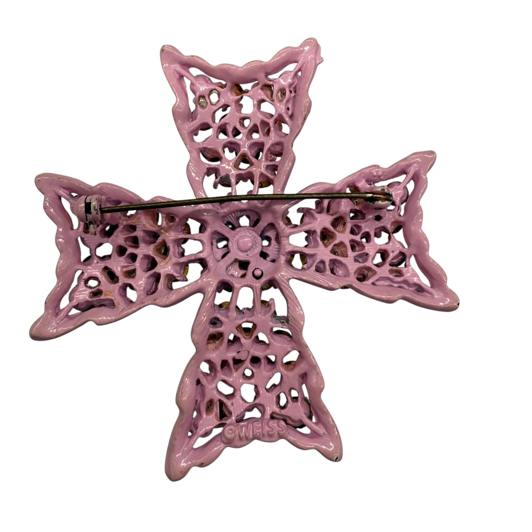 Vintage Weiss Pink Enamel and Rhinestone Brooch