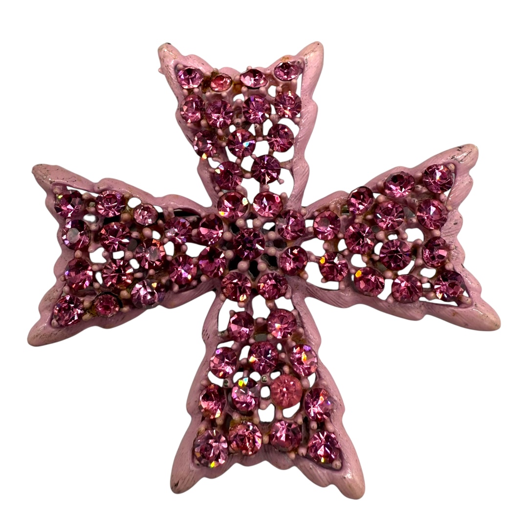 Vintage Weiss Pink Enamel and Rhinestone Brooch